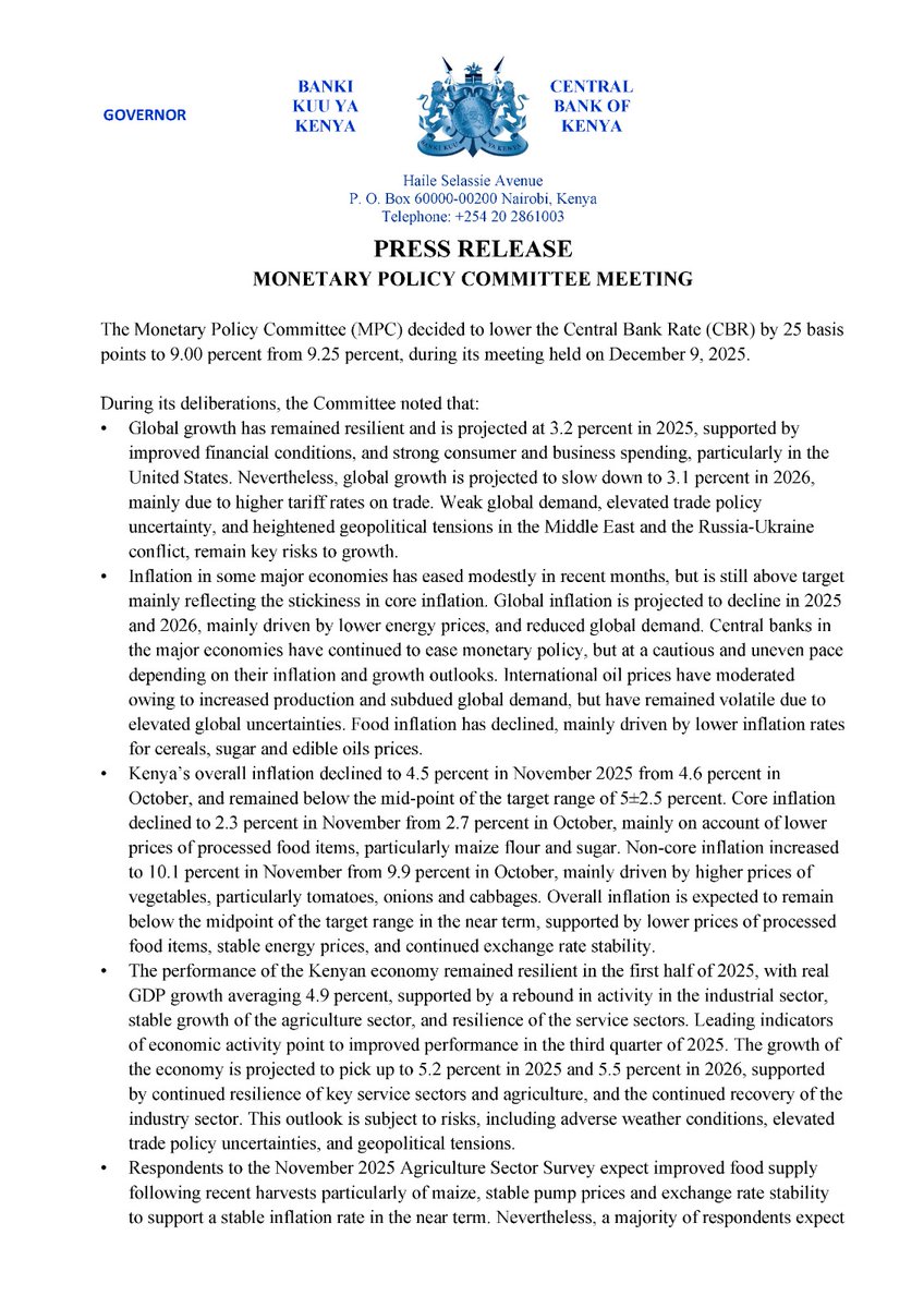 AmbokoJH's tweet photo. Central Bank of Kenya with the 9th consecutive cut of the benchmark by 25.0bps to 9.0%, quite in line with my expectation - see quoted tweet.

It's a cumulative 175.0bps unwind of the benchmark in 2025. 

Remarkable green shoots on asset quality & credit infusion: 

1. NPL ratio in the banking sector now down to 
16.5%
2. Private sector credit growth trending at 6.3%

Downsides:

1. Non-core inflation has breached the double digit territory, closed at 10.1%. Headline inflation will begin rearing its head in Q1 2026
2. The consolidation mojo we have seen on the Current Account deficit seems to have slackened towards the end of the year