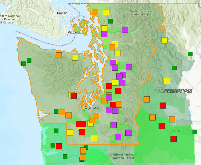 The_Weatherman2's tweet photo. What an image this is...especially considering many of these rivers won't crest until Wed/Thur, despite rapid rises overnight.

Going to be a difficult few days across Western Washington. Stay tuned. #wawx https://t.co/oipqFRFVBW