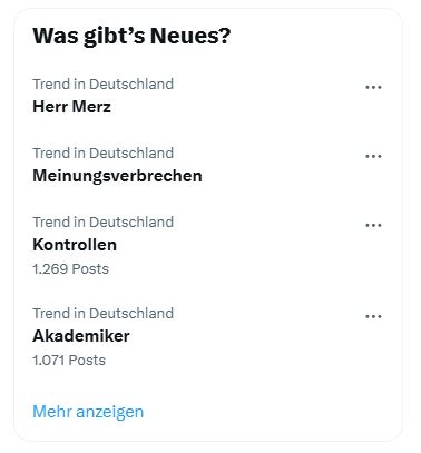 WarrenLNaida's tweet photo. Ich schaue auf die Twitter Trends in Deutschland: #HerrMerz, #Meinungsverbrechen, #Akademiker und #Kontrollen.
Diese Kombination... Was ist denn hier los? Bin ich im falschen Film? 🤔🇩🇪 https://t.co/5KJYO3hFFV