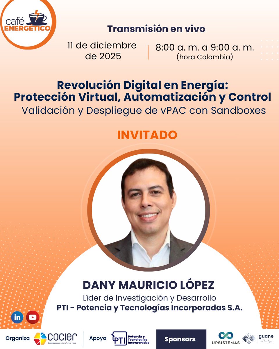 👉 Acompáñanos mañana en la transmisión en vivo de nuestro Café Energético a las 8:00 a. m. (hora Colombia)

🔴 youtube.com/watch?v=s-jbDW…
🔵 linkedin.com/events/7401269…

¡Los esperamos!
#SectorEnergético #Transmisión #Digitalización