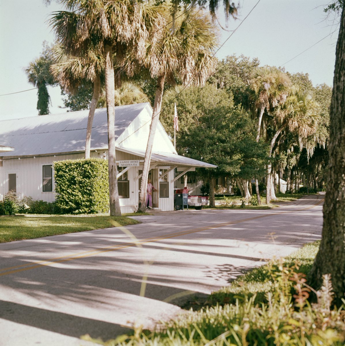 FLMemory's tweet image. Sharpes, 1970: the gable of Sharpes Post Office reflects the sun as its canopy shades a departing patron. Located on the Indian River, this post office began operating in the early 1930s inside the vernacular frame building, which also housed a grocery store. It moved in 1975.✨