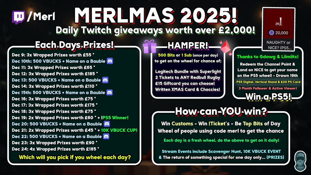 Merl's tweet photo. MERLMAS 2025 IS HERE!🫢🎁 With over £2,000 of prizes to giveaway all the way til Christmas, theres a ton of ways to get involved all on Twitch: Merl 🔴 

So many amazing brands involved in this to be revealed!