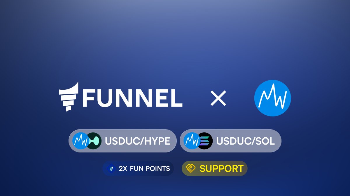 funnel_markets's tweet image. $USDUC is officially live on Funnel! 

LP, Trade, Bridge/Hold USDUC on Hyperliquid - with an exclusive 2x FUN Points boost for the final week of Season 1. 

Both USDUC pools are Support Pools, where 100% of DEX fees go straight to LPs. No protocol cut. No rent. Just pure APR.🔥