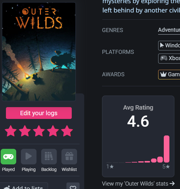 lmao the ratings graph on outer wilds on backloggd is an absolute shutout. yes i also gave it 5 stars it's the best game ever made