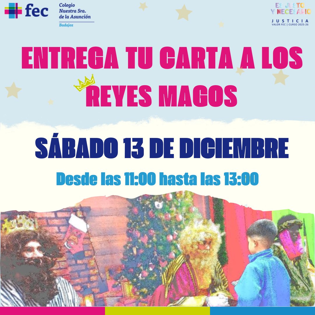 👑 ¡Sus Majestades Los Reyes Magos de Oriente están en camino!
🐫Este sábado 13 de diciembre los Reyes Magos estarán en nuestro cole desde las 11:00 hasta las 13:00.
💌Trae tu carta para que Melchor, Gaspar y Baltasar conozca todos tus deseos.
#ColegiosFec #NSA #LaAsunción
