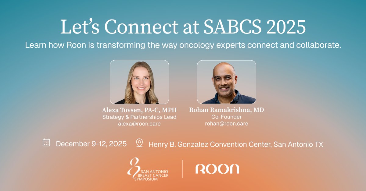 Excited to be at #SABCS25 this week!

Roon is reimagining how medical experts collaborate, and we’re excited to meet researchers, clinicians, and leaders who want to help us build a modern home for meaningful clinical conversation.

Reach out if you're in San Antonio — we’d love