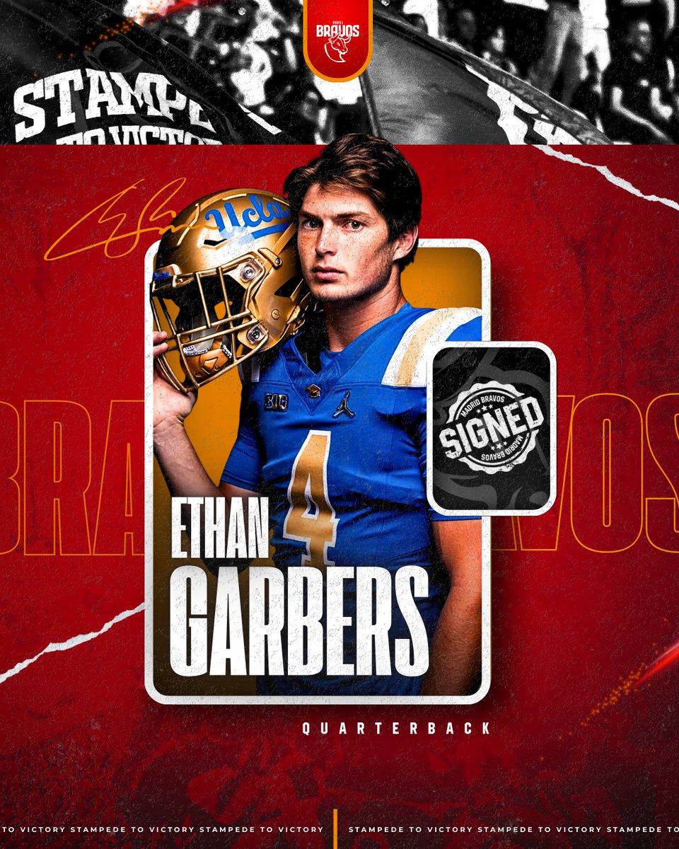 MadridBravos's tweet image. WELCOME TO MADRID ETHAN!

¡Habemus Quarterback! El estadounidense Ethan Garbers, nuevo QB de Madrid Bravos. Garbers ha jugado en la prestigiosa universidad UCLA, de DIV I y ahora llega a nuestro equipo para liderar la estampida. 

#stampedetovictory #madridbravos #quarterback
