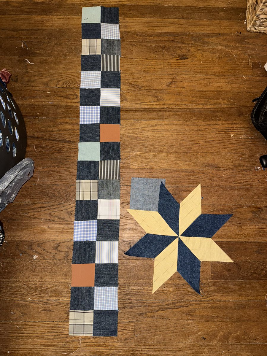 KittyKatHoots's tweet photo. This is the last quilt I have to make before Christmas. This one is for my brother and is made from my Dad’s old jeans and shirt scraps from the other quilts. https://t.co/i7zupetzCE