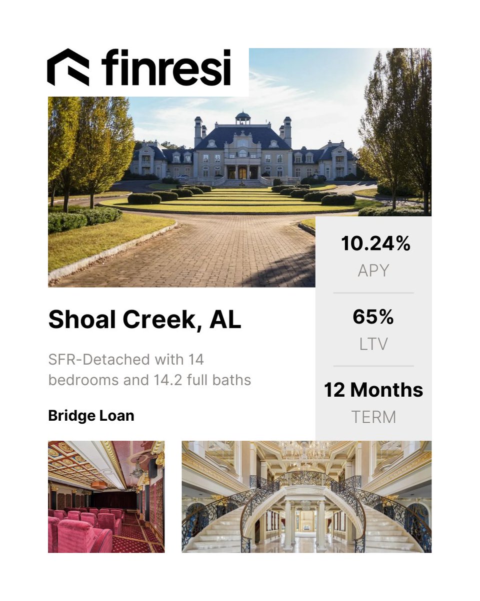 Finresi's tweet photo. Check out this new investment opportunity!

Finresi just launched a new Bridge Loan backed by “Chateau Montagel,” a 28,000+ SF estate in Shoal Creek.

🔹 10.24% APY
🔹 65% LTV
🔹 12-month term

 Explore the full deal at https://t.co/jgEARoVvWb.

#ShoalCreekAL #BridgeLoan https://t.co/99IwySpfJf