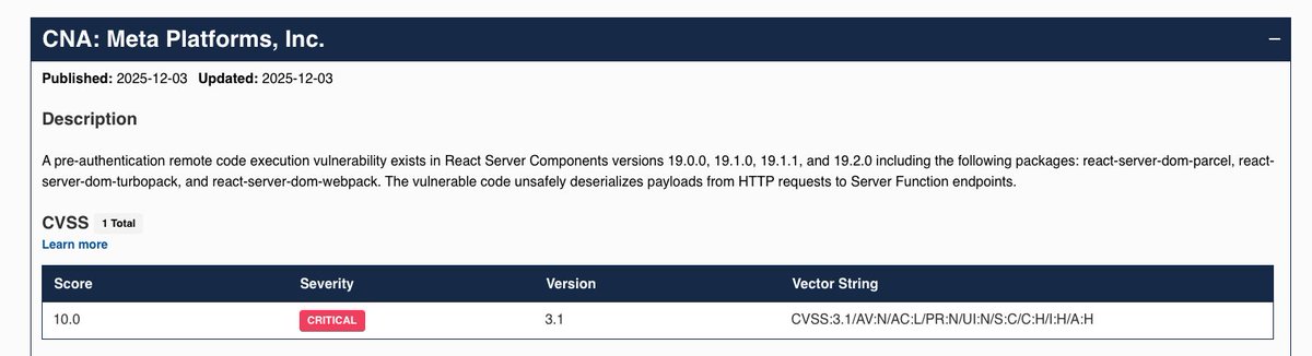 CVE 10/10 score'luk Frontend frameworkü sektörü domine ediyor 🤡
cve.org/CVERecord?id=C…