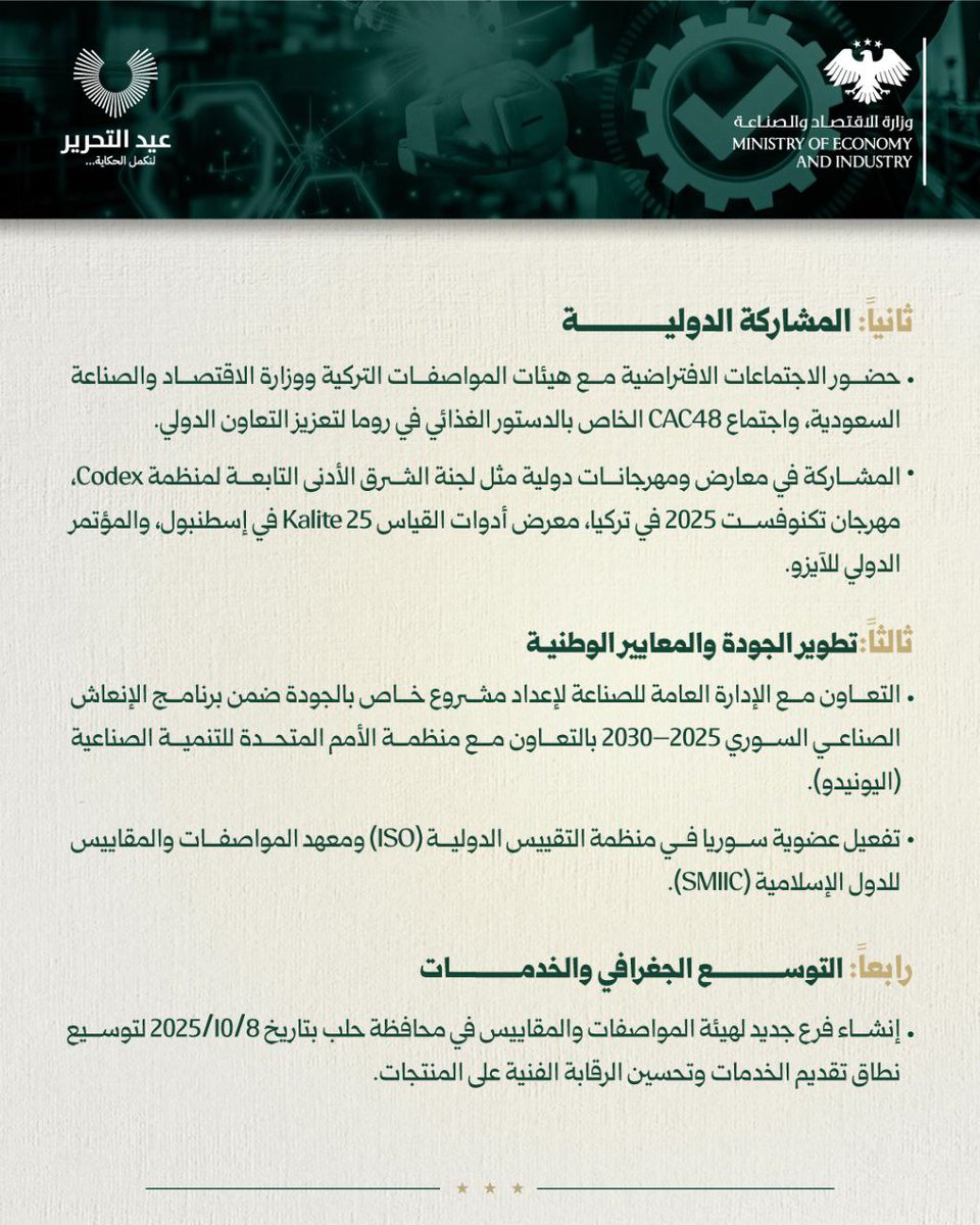 عام على التحرير: هيئة المواصفات والمقاييس ترتقي بالجودة وتوسّع آفاق التعاون الدولي

#الجمهورية_العربية_السورية 
#وزارة_الاقتصاد_والصناعة 
#الإدارة_العامة_للصناعة 
#لنكمل_الحكاية