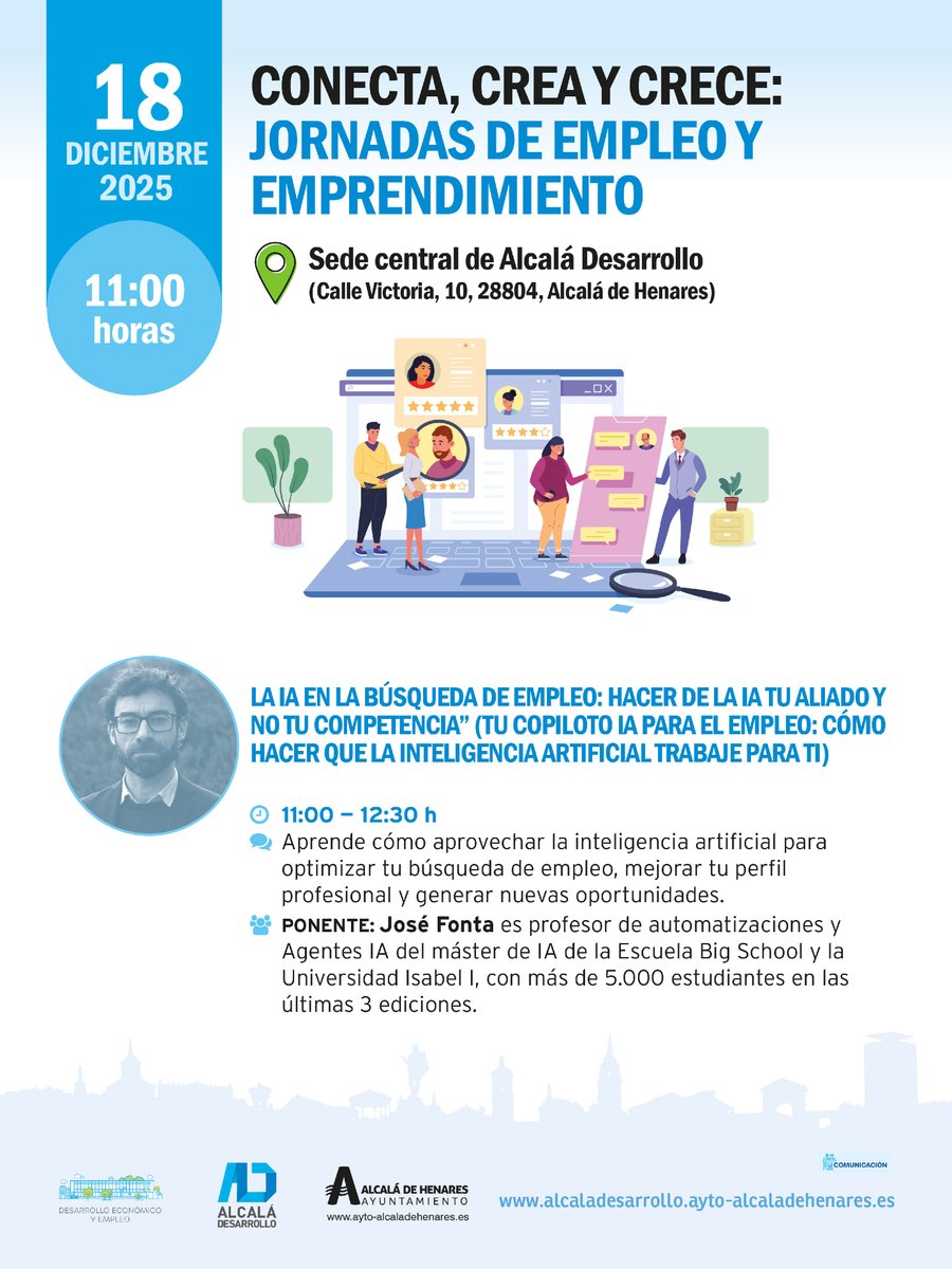📣 Atención, atención
¡Tenemos un fin de año por todo lo alto! 
¿Quieres conseguir que la Inteligencia Artificial trabaje para ti en la búsqueda de empleo? 🤖🔍
📅 Apunta en tu agenda: 18 de diciembre a las 11 h