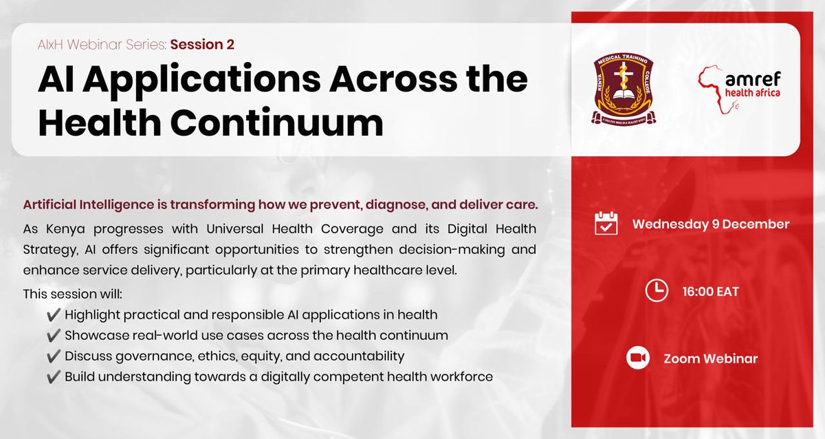 🚨 HAPPENING TODAY !!
Join <a href="/Amref_Kenya/">Amref Health Africa in Kenya</a> , <a href="/Kmtc_official/">KMTC</a> and <a href="/JijiHealth/">JiJi_Health</a> for a webinar demystifying AI in healthcare from real-world use cases to ethics, governance &amp; preparing a digitally skilled health workforce.
🕓4:00–5:30 PM (EAT)
Register here: shorturl.at/uo69h