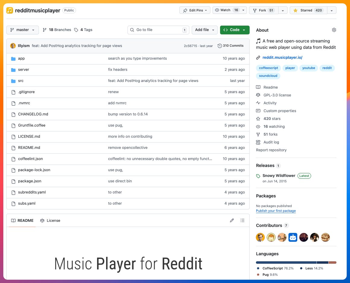 illyism's tweet image. 🚨 Offering $1,000 Bounty to Rebuild This App in Next.js + shadcn/ui

I’m looking for a developer to fully rewrite Reddit Music Player (old CoffeeScript project) using a modern stack:
- Next.js 16 (App Router) + shadcn/ui

What it needs to do:
- Browse subreddits → fetch posts
-…