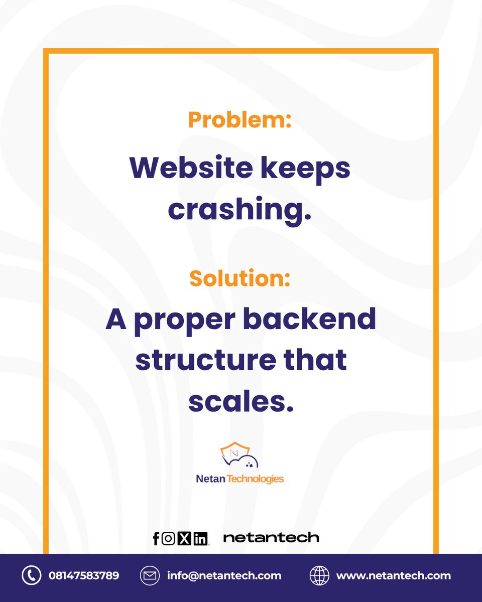 NetanTech's tweet image. When your website keeps crashing, it is not a traffic problem, it is a backend problem.

Build a system that scales not one that breaks.

#webdevelopment #NetanTechnologies #techproblems #SoftwareEngineering #netantech #ITSupport #digitalsolution #11nigerian #okocha #remitinubu