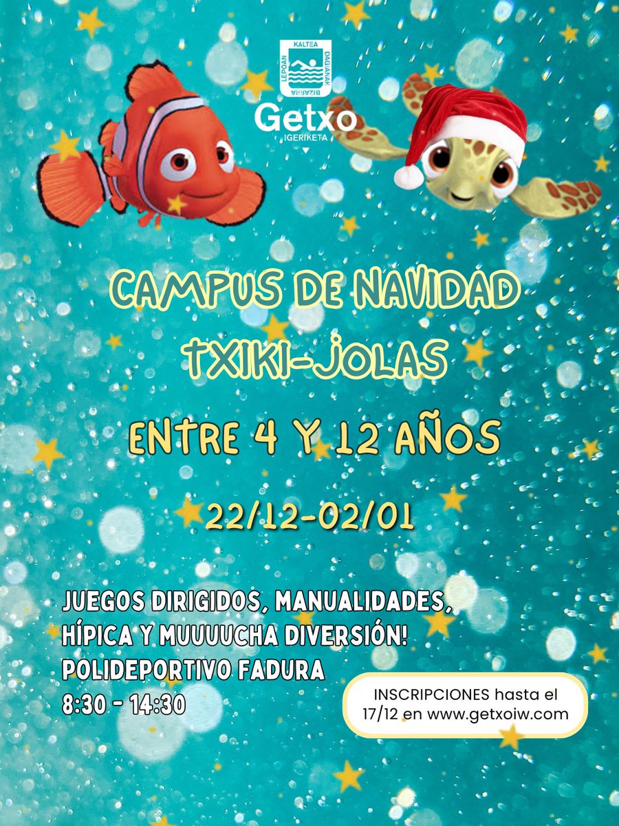 ¡Inscripciones abiertas para el Campus de Navidad Txiki-Jolas!🎄💫
Juegos dirigidos, manualidades, hípica el 26/12 y 2/12 ¡y mucha diversión!
⏰ 8:30-14:30 (24/12 y 31/12 hasta las 12:30)
📍 Polideportivo Fadura
⏳ Inscripciones hasta el 17/12 a través de: getxoiw.com/actividades/20…