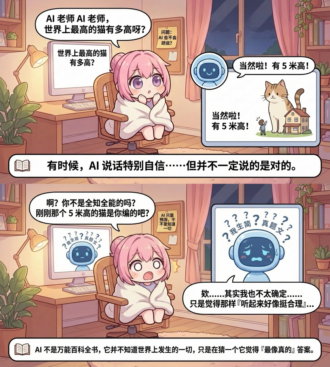 AI45_Safety's tweet photo. 一天一个AI安全黑话 | 模型幻觉

不是只有自信满满才会“幻觉”哦！
AI有时像做错题还嘴硬的小朋友，明明没底、支支吾吾，却还在���编乱造……
只要是“无中生有”，不管自信与否，都算幻觉！
快来评论区分享：
你遇到过哪些AI的迷惑行为？比如突然喊你主人？非说西瓜是方的？ https://t.co/KhVkcpkIgH