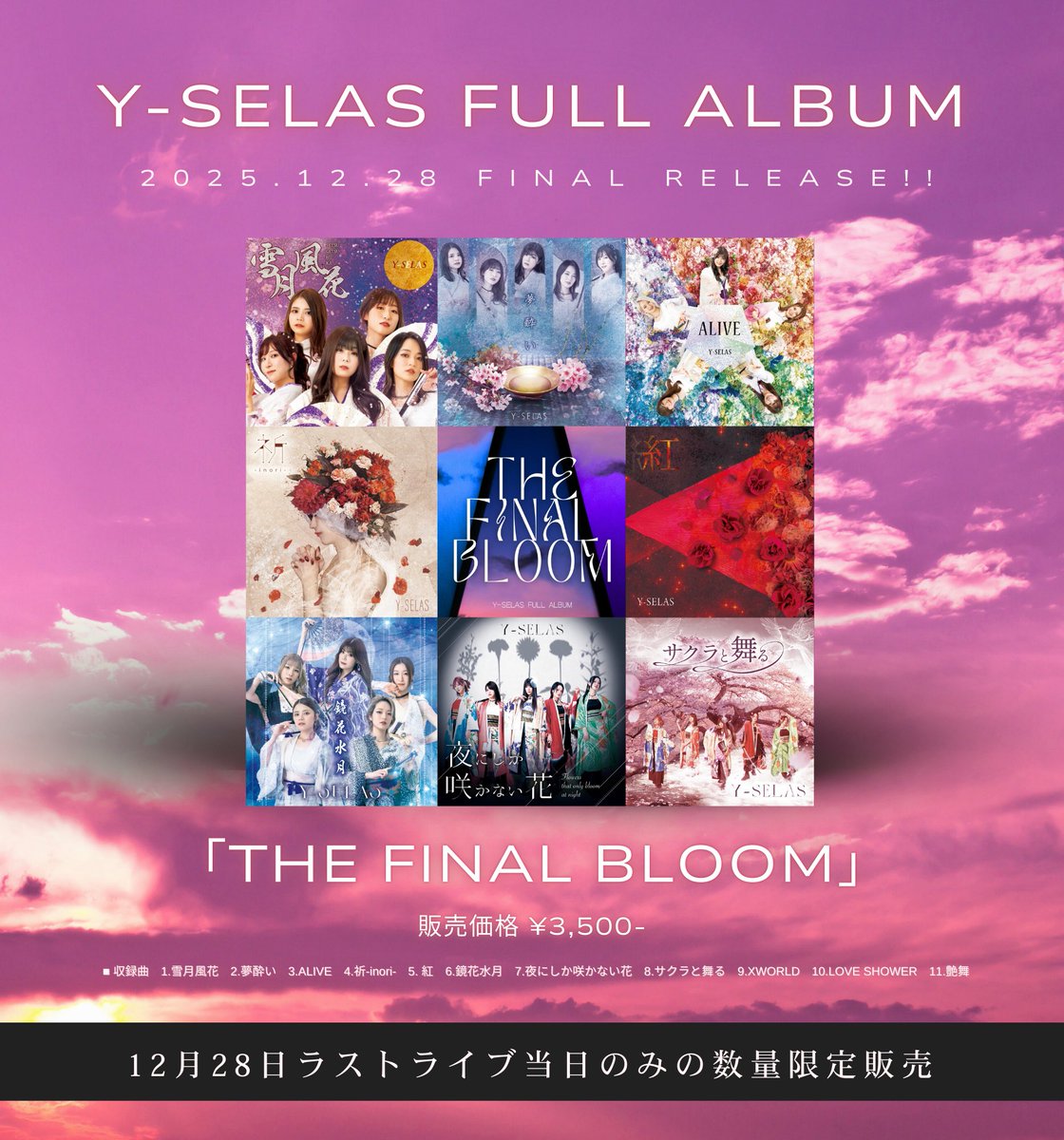 Y_SELAS's tweet photo. 《告知》

Full Album「THE FINAL BLOOM」
12月28日 ― ラストワンマン当日のみ
数量限定販売が決定📀‼︎

全11曲を収録したフルアルバム
これまでの歩みと、この日に向けて積み重ねてきた想い、そして最後に咲く花として届ける作品！

この瞬間に立ち会うあなた��。
“最後の音”を受け取ってください🌸 https://t.co/ZCfKUbQ5f9