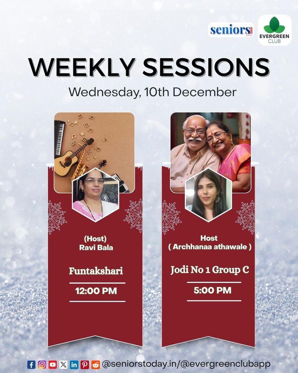 EvergreenClubIN's tweet image. ✨ Wednesday, 10th December – Music, Fun &amp;amp; Togetherness! 🎶💫

Funtakshari  at 12:00 PM &amp;amp;
Jodi No. 1 Group C at 5:00 PM

🔗 Book Now - evergreenclub.in/sessions

#evergreenclubapp #seniorevents #funtakshari #jodino1 #seniorfun #musicday #seniorstoday