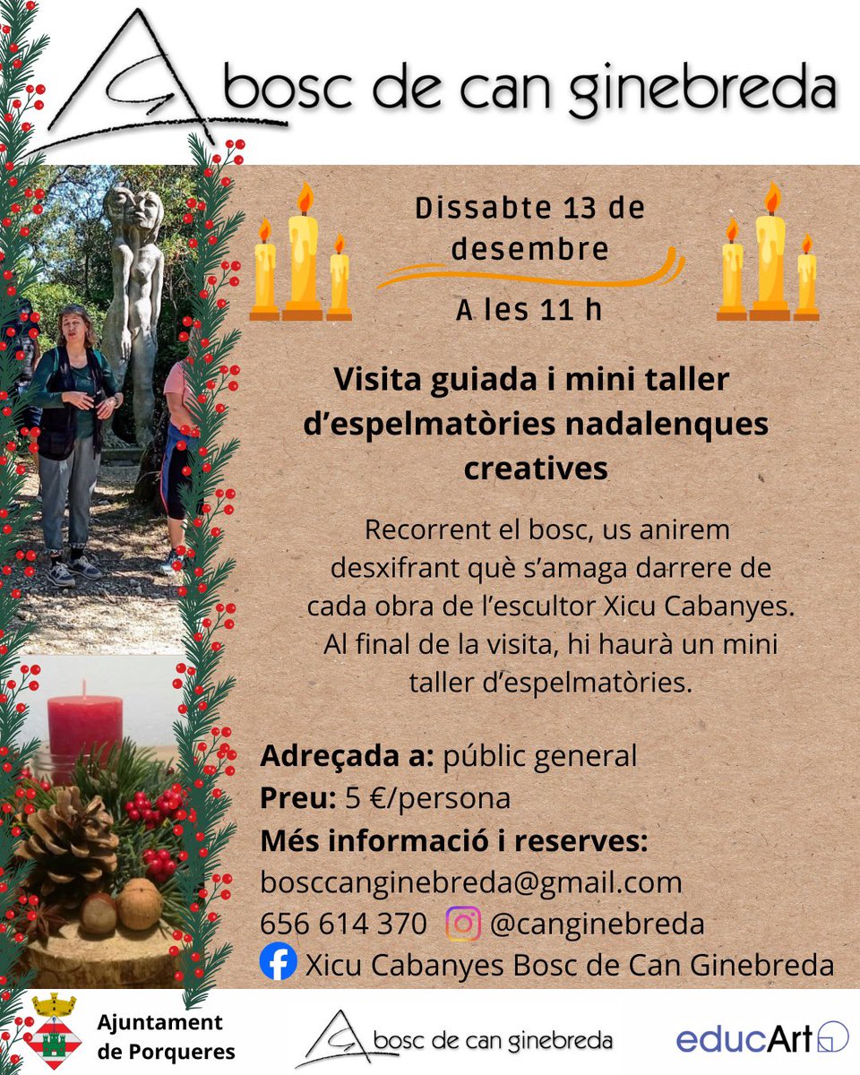📣Bosc de Can Ginebreda us convida aquest cap de setmana a una visita guiada i al mini taller d'espelmatòries nadalenques creatives! 

📆Dissabte 13 
⏰11 h 
📍Bosc de Can Ginebreda
👉🏼Inscripcions: bosccanginebreda@gmail.com / 656614370
💰5€ /persona
