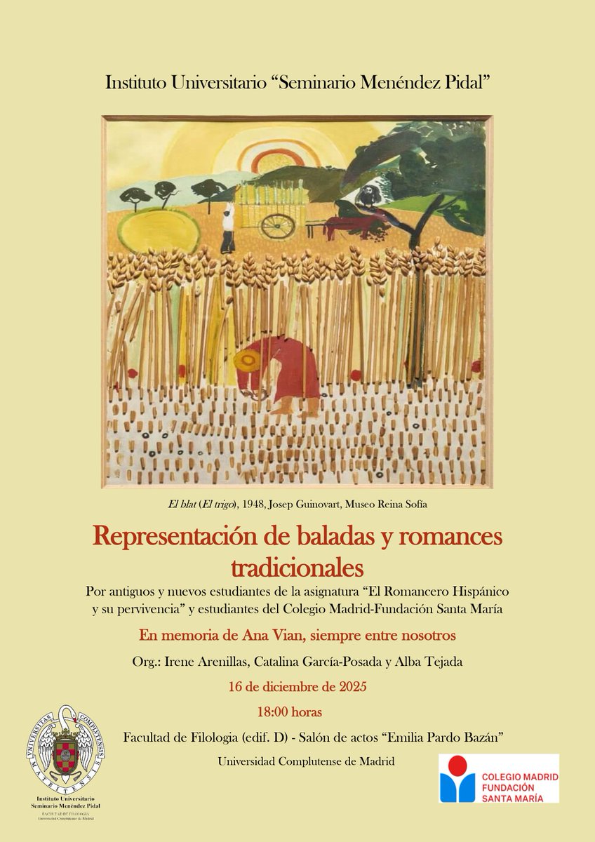 🌼El <a href="/IUMenendezPidal/">Instituto Universitario "Seminario Menéndez Pidal"</a>  organiza una "Representación de baladas y romances tradicionales" en homenaje y memoria de la profesora, Ana Vian Herrero, el próximo 16 de diciembre a las 18 horas en el Salón "Emilia Pardo Bazán" Facultad de Filología <a href="/unicomplutense/">Complutense</a>