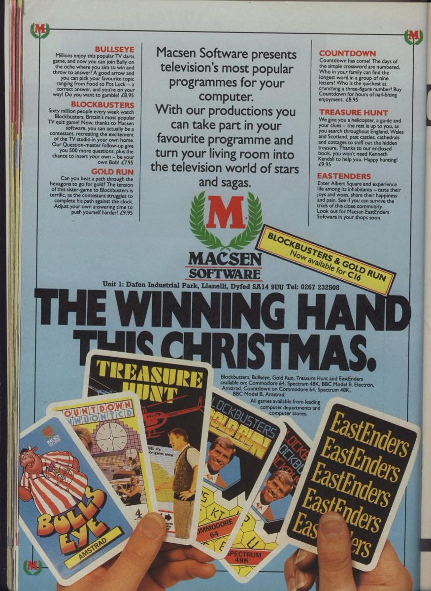 Back in Xmas 1987 Macsen Software was offering a whole bunch of games based on period TV shows, from the super smashing lovely Bullseye to a Treasure Hunt game criminally devoid of the ever pert cheeks of Anneka Rice. Oh, and I'll have a P please Bob.