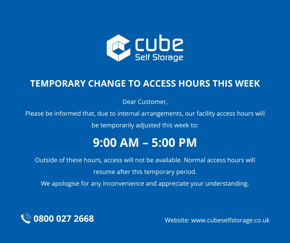 TEMPORARY CHANGE TO ACCESS HOURS THIS WEEK

Dear Customer,

Please be informed that, due to internal arrangements, our facility access hours will be temporarily adjusted this week to:
9:00 AM – 5:00 PM

Outside of these hours, access will not be available. Normal access hours