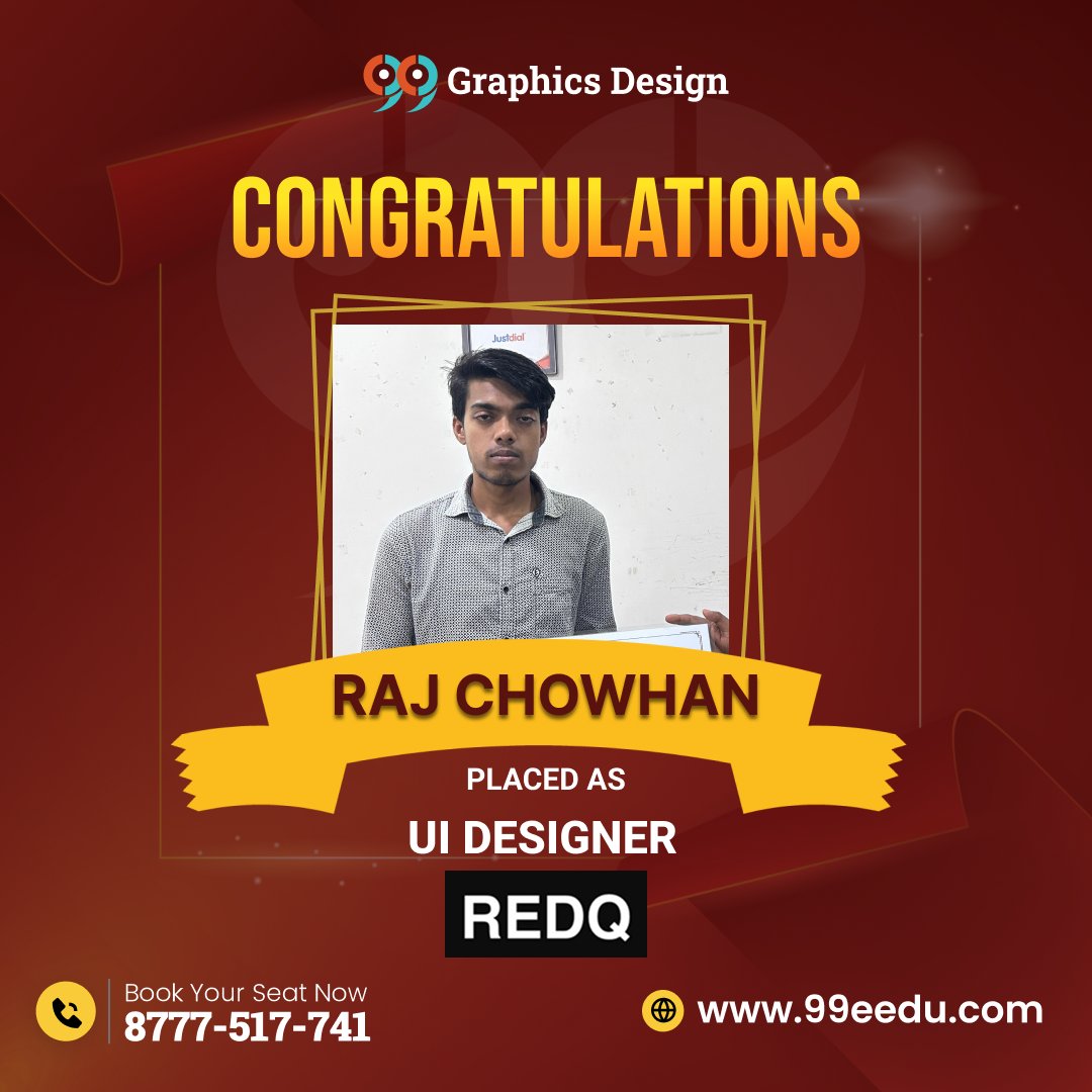 99eedu's tweet photo. 🎉Congratulations to 𝐑𝐚𝐣 𝐂𝐡𝐨𝐰𝐡𝐚𝐧 on being successfully placed as a 𝐔𝐈 𝐃𝐞𝐬𝐢𝐠𝐧𝐞𝐫 at REDQ. 

For more info, call: 8777517741
Visit us - https://t.co/MSQR3QIQhU

#UIUXDesignCourse #UIUXCourse #UIDesignTraining
#UXDesignTraining #DesignInstitute https://t.co/yU9OJyp9ov