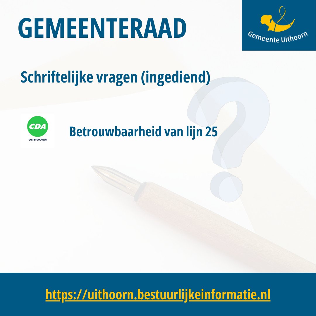 De fractie van CDA heeft schriftelijke vragen ingediend over de betrouwbaarheid van lijn 25. 

Lees de vragen op onze website: 👉uithoorn.bestuurlijkeinformatie.nl/Reports/Item//…