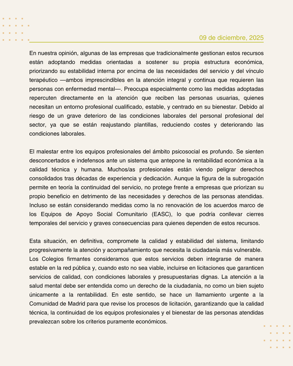 ColegioTSMadrid's tweet photo. La Red de Atención Social a Personas con Enfermedad Mental en Madrid atraviesa una situación crítica.
Desde @cpeesm @ColegioTSMadrid @COPTOCAM  alertamos del deterioro de los servicios, la pérdida de calidad y la precarización de los equipos.

Reclamamos a la Comunidad de Madrid:
• Continuidad de todos los recursos
• Licitaciones que prioricen calidad y estabilidad
• Protección de profesionales y personas usuarias

Por una Red de Salud Mental pública, estable y de calidad.

#SaludMental #TrabajoSocial #EducaciónSocial #TerapiaOcupacional #DerechosHumanos #Madrid