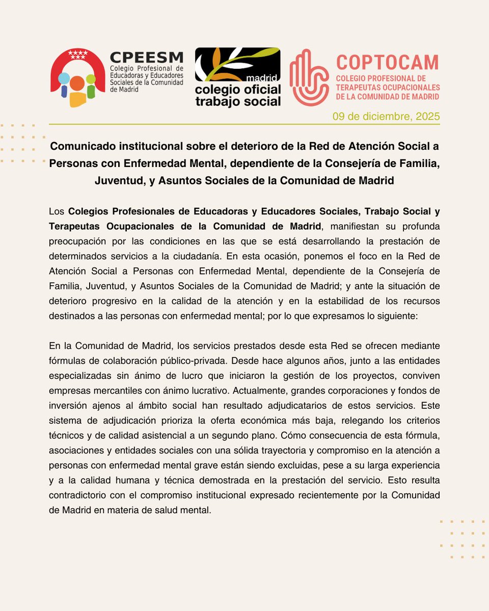 ColegioTSMadrid's tweet photo. La Red de Atención Social a Personas con Enfermedad Mental en Madrid atraviesa una situación crítica.
Desde @cpeesm @ColegioTSMadrid @COPTOCAM  alertamos del deterioro de los servicios, la pérdida de calidad y la precarización de los equipos.

Reclamamos a la Comunidad de Madrid:
• Continuidad de todos los recursos
• Licitaciones que prioricen calidad y estabilidad
• Protección de profesionales y personas usuarias

Por una Red de Salud Mental pública, estable y de calidad.

#SaludMental #TrabajoSocial #EducaciónSocial #TerapiaOcupacional #DerechosHumanos #Madrid