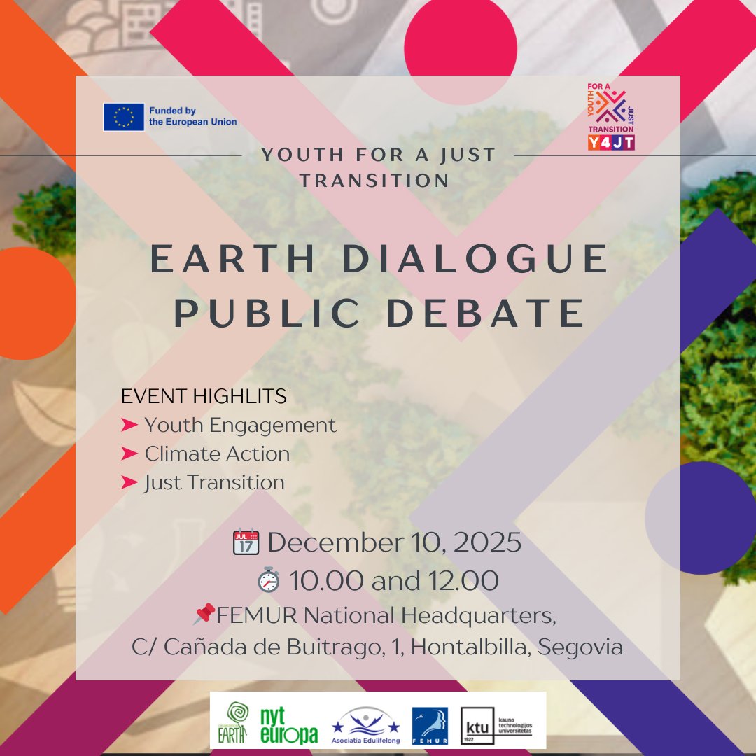 Mañana de 10 a 12 h nuestra sede acogerá el 'Diálogo de la tierra', un debate público dentro del proyecto CERV: Juventud por una Transición Justa (Y4JT) en el que FEMUR participa.
Se abordarán cuestiones como el compromiso de los jóvenes, la acción climática y la transición justa