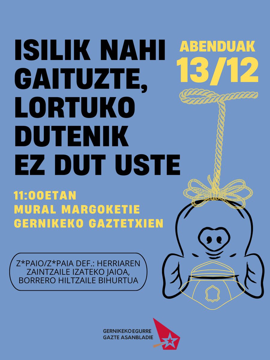 (13/12) Isilik nahi gaituzte, lortuko dutenik ez dut uste!👊

Zapatu honetan, abenduak 13, goizeko 11:00etan gaztetxien batuko gara mural bat margozteko! Hurbildu!🔥