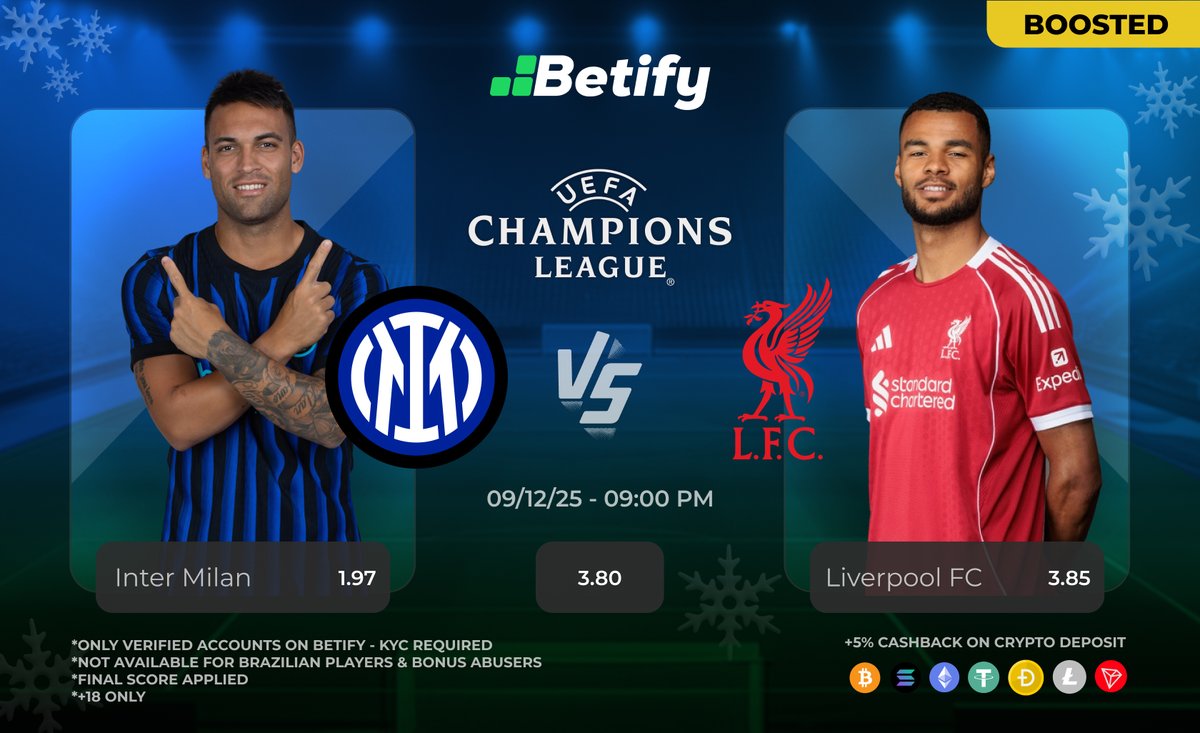 Betify's tweet image. UEFA CHAMPIONS LEAGUE 🔥

Inter Milan - Liverpool FC

Let us know your score prediction in comment for a chance to receive a tip 🔥

To enter:
Follow @Betifyofficial
💚 + ♻️
⚠️ 1 guess per account | Betify🆔 needed
2 winners 💰

🔗 betify.bio