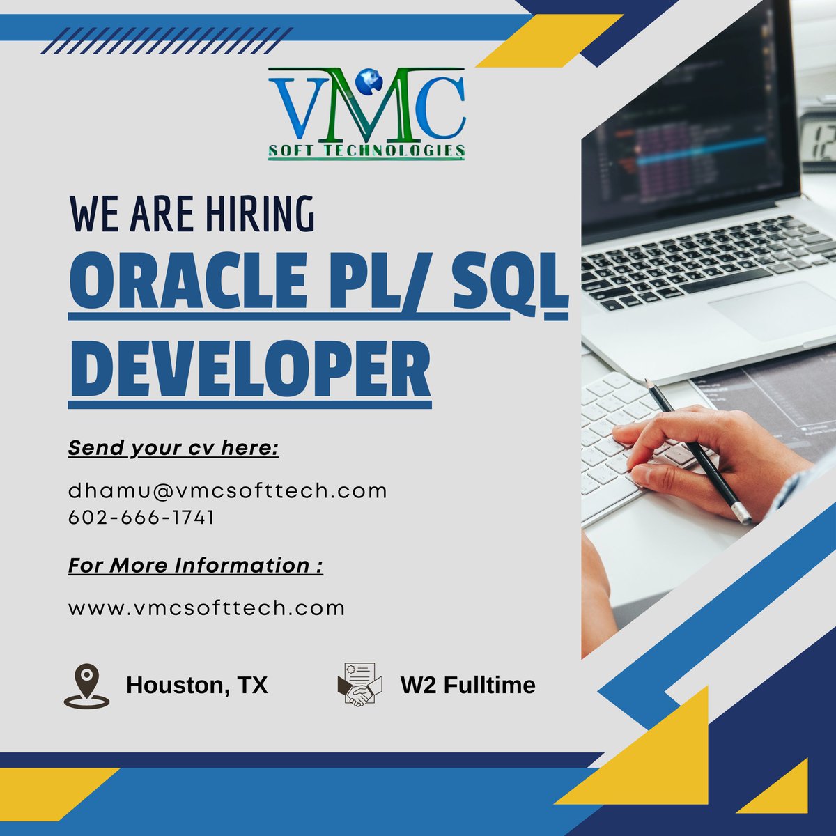 SofttechVm77312's tweet image. VMC Soft Technologies looking for a Oracle PL/ SQL Developer in Houston, TX
Job Title: Oracle PL/ SQL Developer
Locations: Houston, TX
Contract: W2 Full-Time

For more details: dhamu@vmcsofttech.com/602-666-1741

Apply Now: vmcsofttech.com/careers/

#OracleDeveloper #SQL