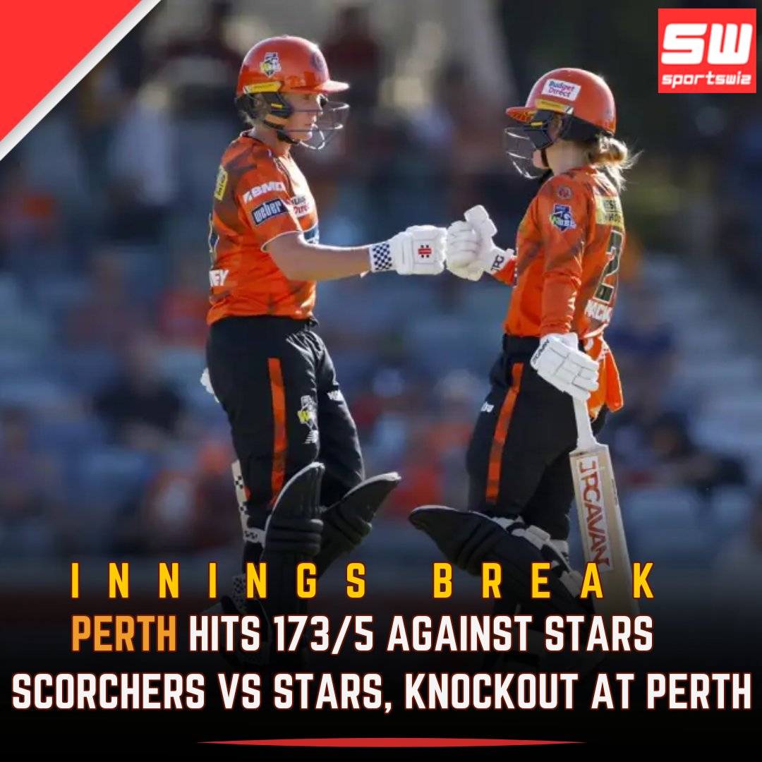 mysportswiz's tweet photo. INNINGS BREAK
Perth Scorchers Women post a strong 173/5 against Melbourne Stars 💪
Knockout clash at Perth 🔥
https://t.co/7Wm3X0SNBU
#JoshHazlewood #IntervsLiverpool #IPLAuction #HardikPandya #PalashMuchhal #JoseMourinho #SlaviaPrague #CameronGreen #T20WorldCup #IPL2026 https://t.co/TzcEw8tBpI