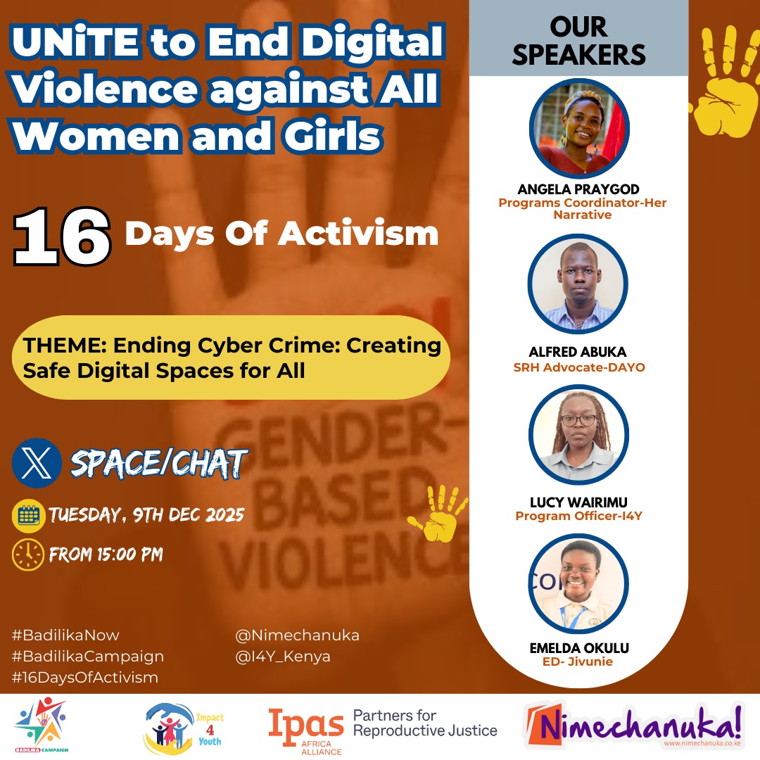 Happening today! 
Join us at 3️⃣🅿️Ⓜ️ for a conversation on ending Digital violence and creating safe online spaces for all women and girls as part of 16 Days of activism.
#BadilikaNow
#BadilikaCampaign
#16DaysOfActivism
#Impact4Youth