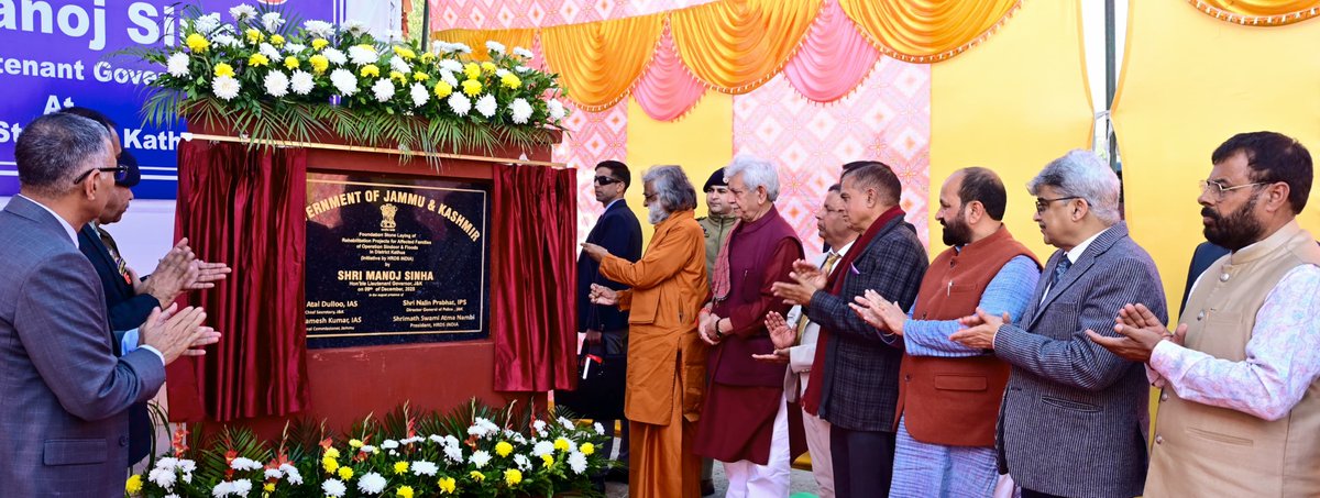 OfficeOfLGJandK's tweet image. Laid the foundation stone for building 344 houses in Kathua, which were totally devastated during recent natural calamity. Construction costs for these 3-bedroom houses will be financed by an NGO, HRDS-India, which will also ensure modern amenities &amp;amp; facilities for home owners.