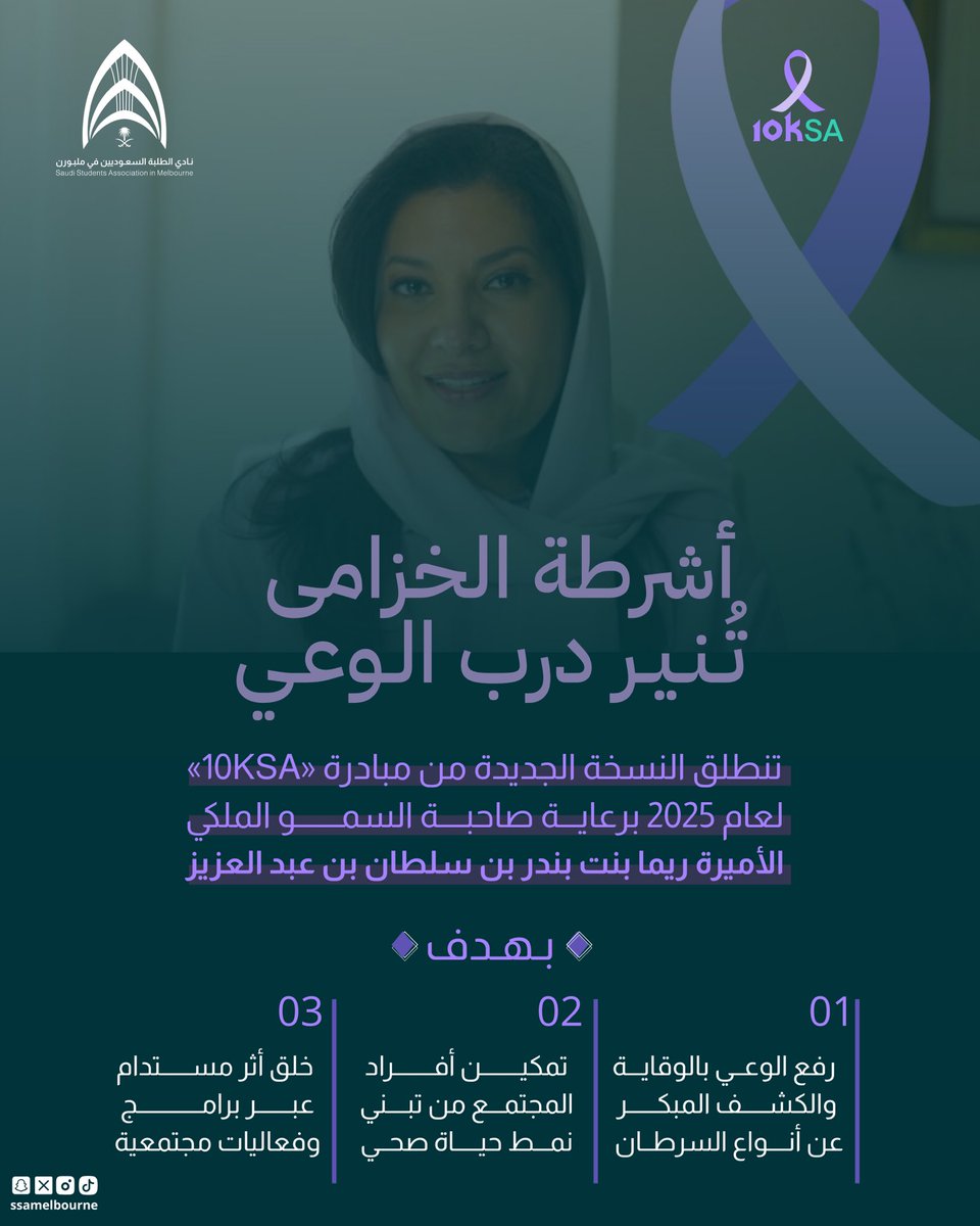 ssamelbourne's tweet image. صاحبة السمو الملكي الأميرة ريما بنت بندر بن سلطان آل سعود ، تطلق حملة  عن أهمية رفع الوعي حول جميع أنواع السرطان.

في مبادرة #10KSA ، الأميرة ريما تدعو الجميع للمبادرة بالفحوصات الدورية والكشف المبكر وتشجيع الآخرين على ذلك.

معاً لأجل الصحة.
🔗10ksa.org

@rbalsaud