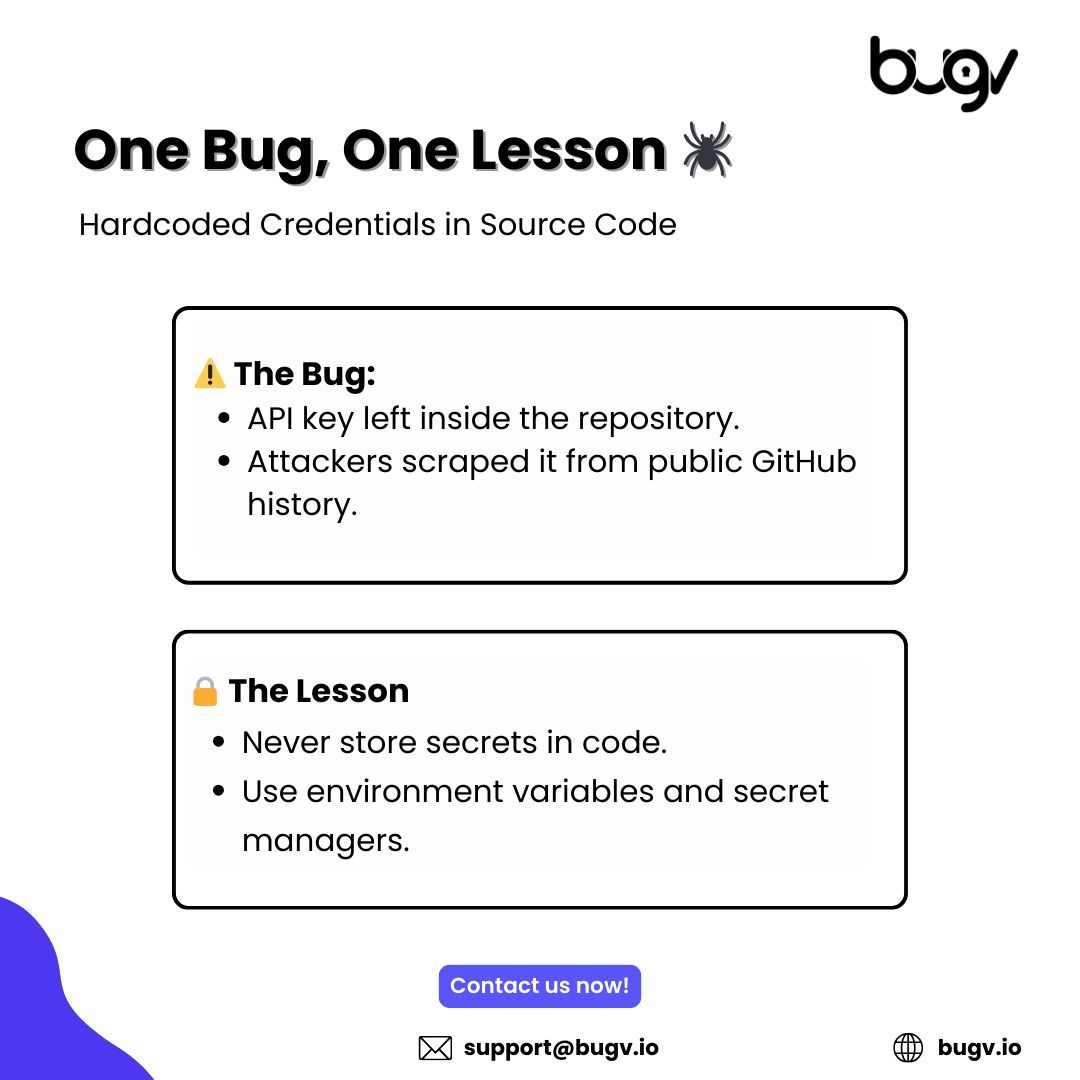 bugvsecurity's tweet image. 𝐎𝐧𝐞 𝐁𝐮𝐠. 𝐎𝐧𝐞 𝐌𝐢𝐬𝐭𝐚𝐤𝐞. 𝐌𝐢𝐥𝐥𝐢𝐨𝐧𝐬 𝐚𝐭 𝐑𝐢𝐬𝐤.
A single hardcoded API key committed to GitHub.
Attackers scraped the repo history, pivoted through the environment, and owned the entire system.

#BugBounty #AppSec #SecureCoding #Bugv #SecretManagement