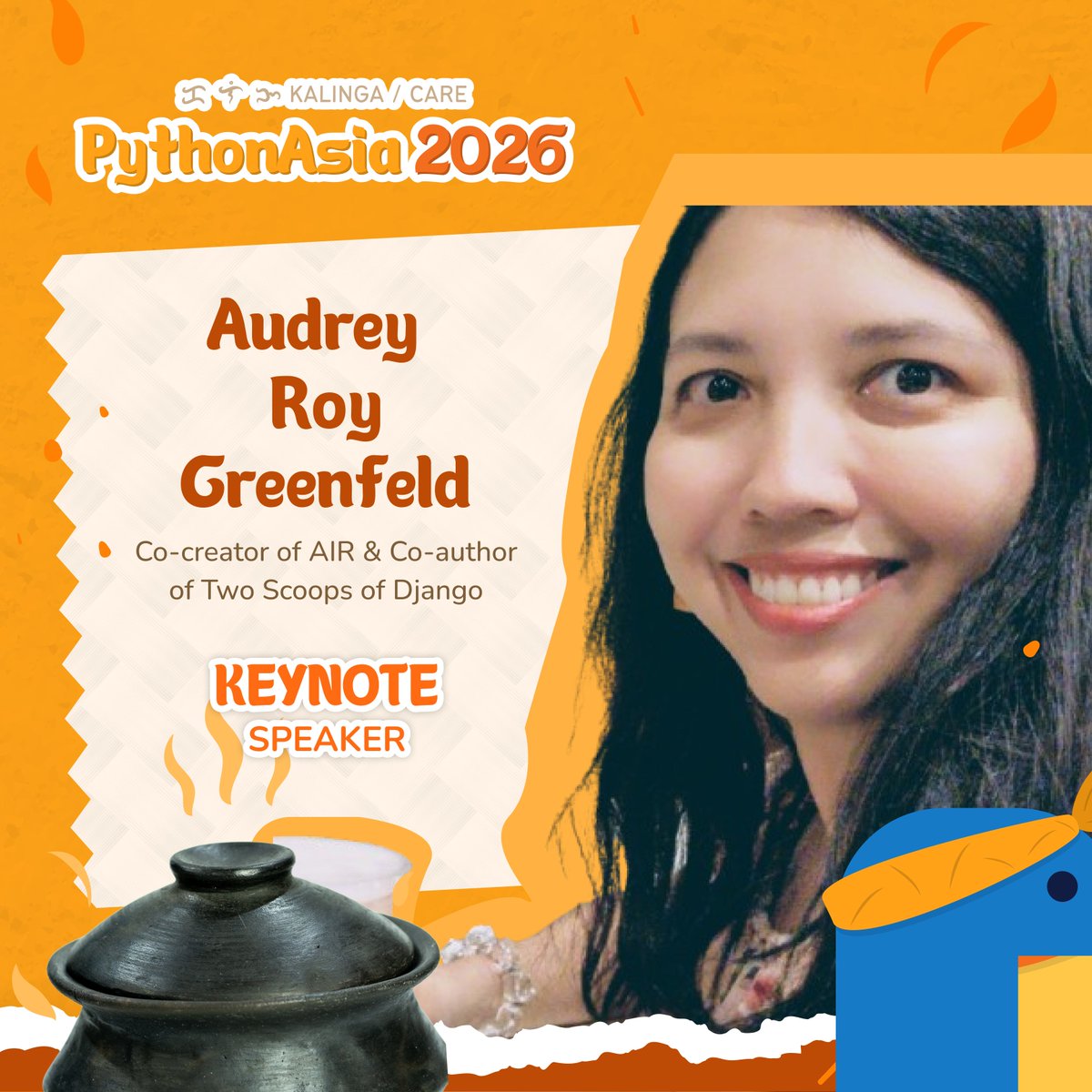 pyconph's tweet image. Empowering Python Developers by Building Tools—and Communities 🤝🐍✨

We’re thrilled to announce 𝐀𝐮𝐝𝐫𝐞𝐲 𝐑𝐨𝐲 𝐆𝐫𝐞𝐞𝐧𝐟𝐞𝐥𝐝 as a Keystone Speaker for Python Asia 2026! 🌏✨

#PythonPH #Pythonista #PHTechCommunity #PythonAsia2026