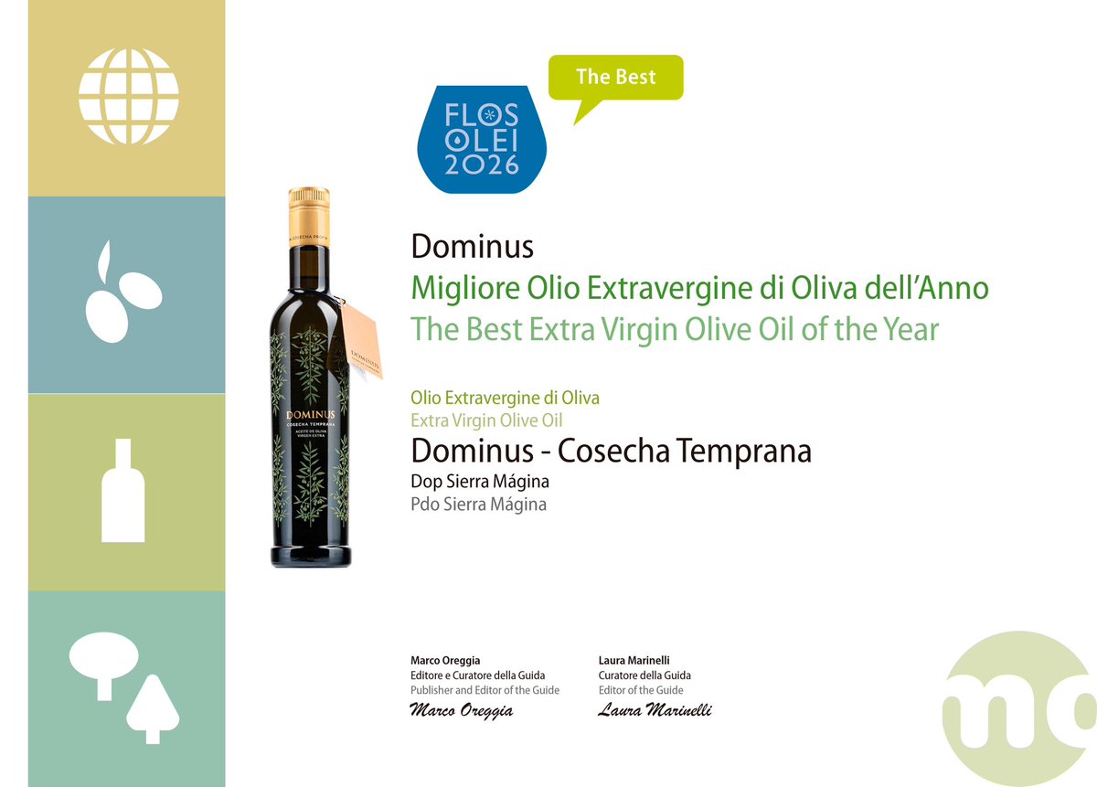 Este finde recogimos un premio que soñábamos
<a href="/FlosOlei/">Flos Olei</a>, la guía más respetada del mundo que elige los 500 mejores AOVEs nos ha concedido uno de sus grandes galardones:
Dominus Cosecha Temprana, AOVE del Año 2025
Gracias de 💚 a quienes lo habéis hecho posible
