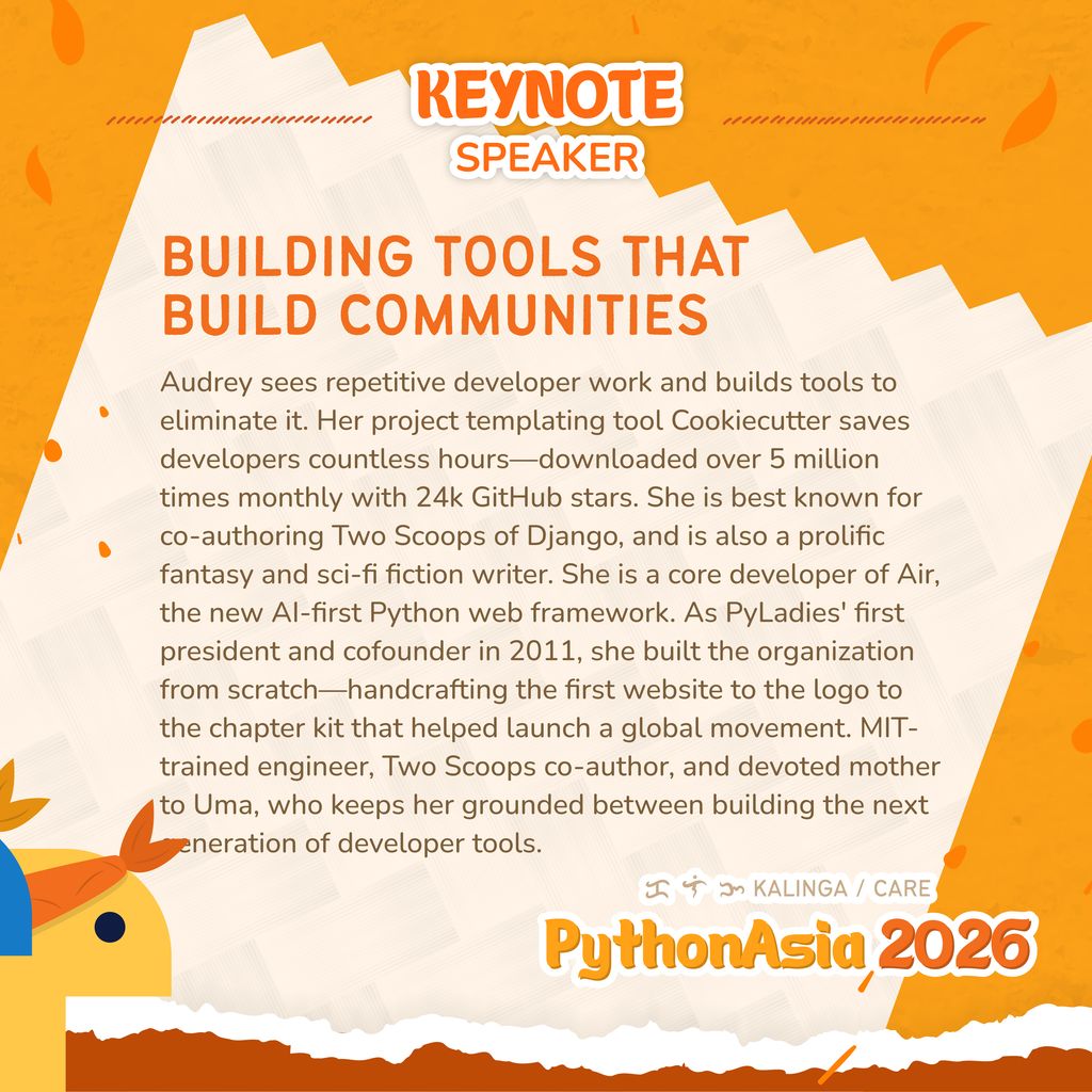 pyconph's tweet image. Empowering Python Developers by Building Tools—and Communities 🤝🐍✨

We’re thrilled to announce 𝐀𝐮𝐝𝐫𝐞𝐲 𝐑𝐨𝐲 𝐆𝐫𝐞𝐞𝐧𝐟𝐞𝐥𝐝 as a Keystone Speaker for Python Asia 2026! 🌏✨

#PythonPH #Pythonista #PHTechCommunity #PythonAsia2026