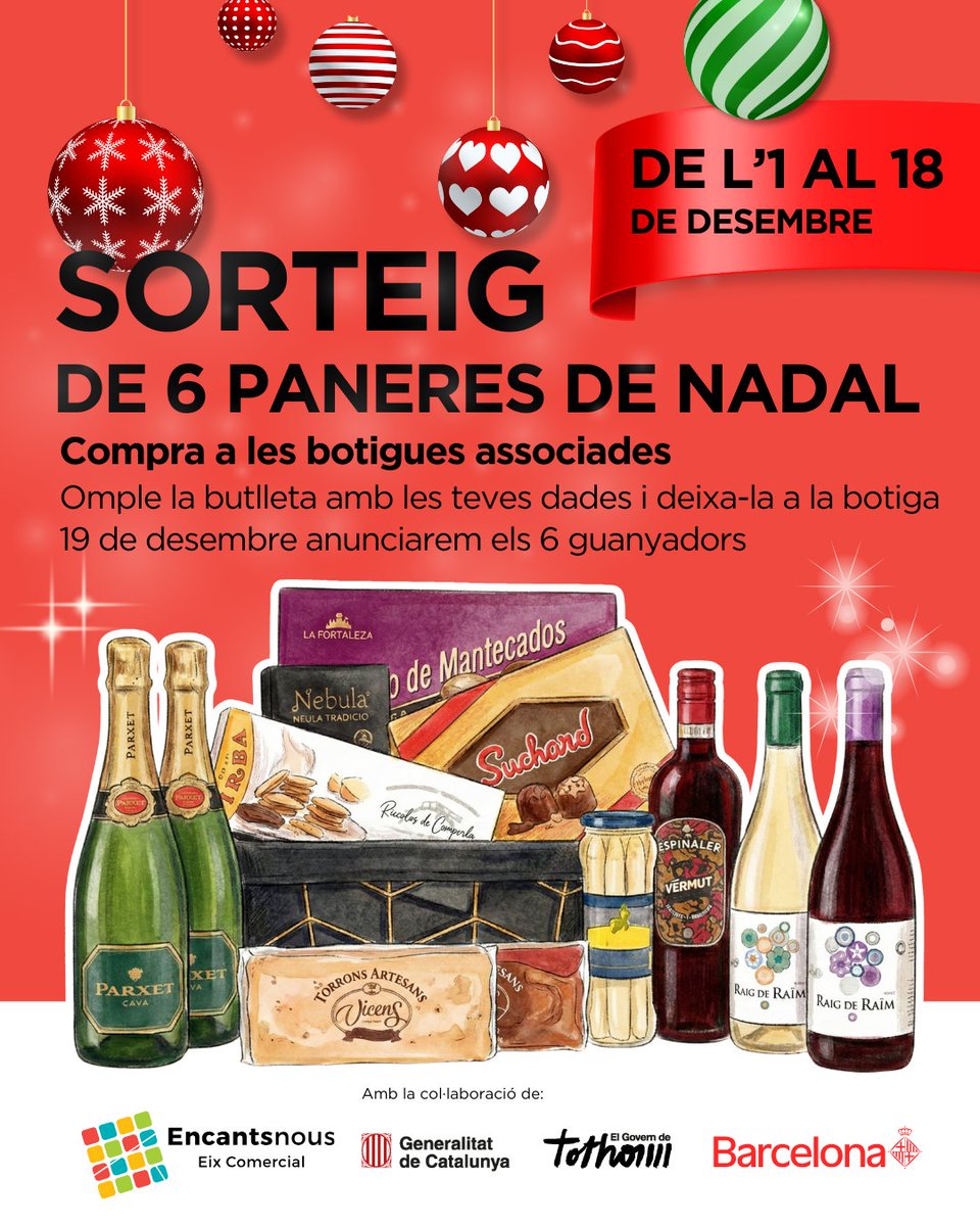 🎄 Sorteig de Paneres de Nadal al barri! Del 1 al 18 de desembre, compra als comerços associats i participa per guanyar una de les 6 paneres! 🛍️🎁 Sorteig: 19/12. Recollida: 22/12. Participeu i molta sort! #Nadal #Encantsnous