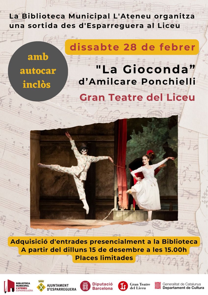 Al febrer anem al Liceu a veure "La Gioconda"! 🙌 Si hi vols assistir, aquest dilluns 15 de desembre, a les 15h, iniciem l'adquisició d'entrades presencialment a la Biblioteca. El preu és de 100€ (targeta de crèdit o bizum) i inclou transport en autocar des d'#Esparreguera .