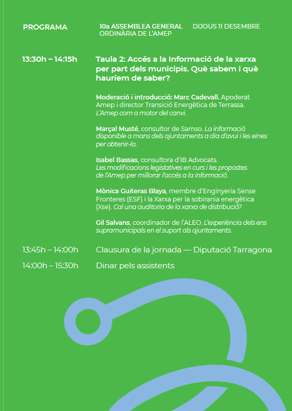 🙌 Serem a la 10a Assemblea General Ordinària <a href="/Amep_Cat/">Amep_cat</a>, centrada en el paper local en la xarxa elèctrica. A més, intervindrem a la taula sobre l’accés municipal a la informació de la xarxa.

Ens trobem l’11 de desembre al Palau de Congressos de Tarragona! f.mtr.cool/verbqksbbr