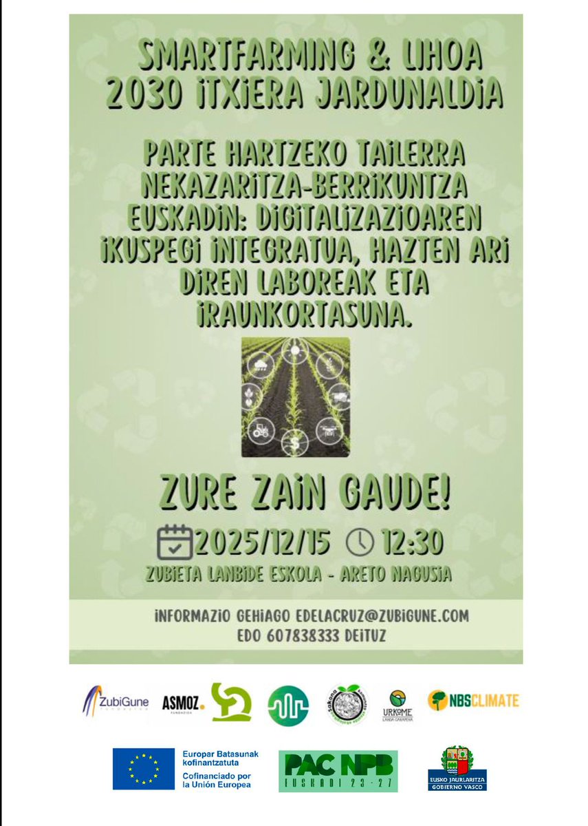 #Smartfarming + #LIHOA2030

👉<a href="/urolakosta/">Urkome urola kosta</a>k #LGE-ak, eta erakunde kolaboratzaileek, proiektuen azken tailerrera gonbidatzen zaituzte. Animatu!

👉La #ADR @urolakosta y las entidades colaboradoras, te invitan al último taller de los proyectos . ¡Anímate!

#meneko #landagarapena
