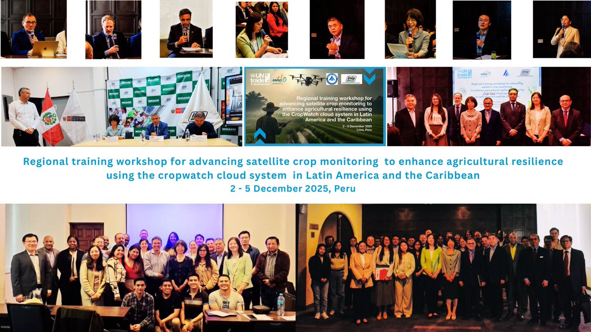 UNCTADinnovate's tweet photo. The #CropWatch workshop concluded in Peru on 5 Dec 2025 with 23 participants from Ecuador, Dominican Republic, Guatemala, Honduras, Jamaica &amp; Peru. They valued #UNCTAD’s support and look forward to further training on #satellite-based #crop monitoring.https://t.co/3uNQeYjppv https://t.co/7h5AWfrpSK