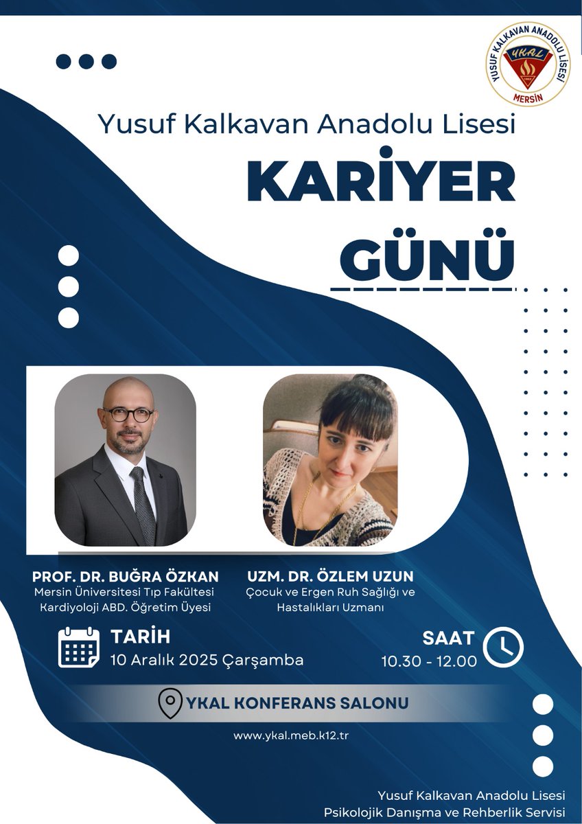 Okulumuz <a href="/mersinykal/">Mezitli-Yusuf Kalkavan Anadolu Lisesi</a> öğrencilerine kariyer günleri düzenlenecektir.
<a href="/MersinMEM/">Mersin İl Millî Eğitim Müdürlüğü</a> <a href="/MezitliMEM/">Mezitli MEM 🇹🇷</a>