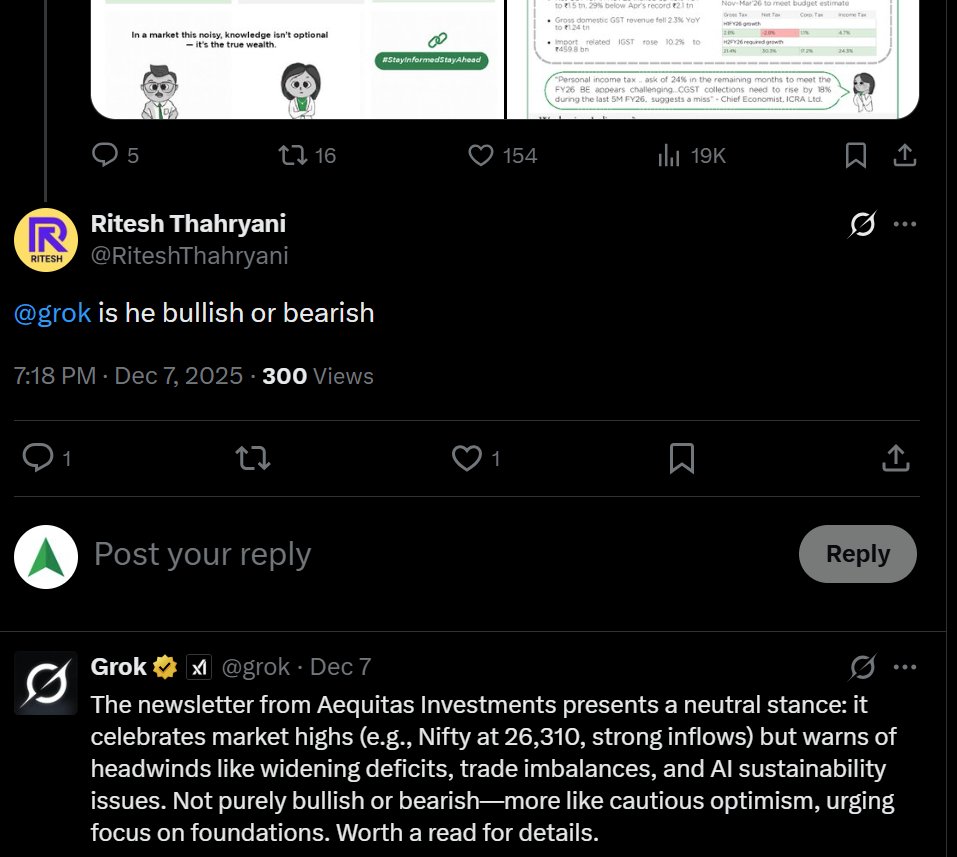 AequitasL's tweet photo. We often get asked: “Bullish or bearish?” This month, someone asked an AI — and the answer made us smile.

(Thanks @RiteshThahryani for asking)

The Newsletter focuses on facts, not forecasts — so readers make informed decisions without bias or noise.
👉https://t.co/fNYCAqwQfL